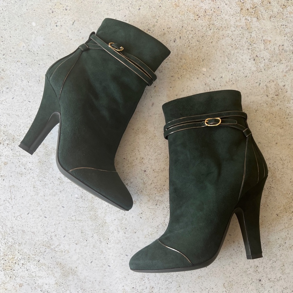 Dolce & Gabbana Dark Green Suede Ankle Boots with Gold Accent